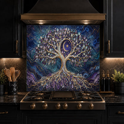 Seamless cosmic tree theme glass backsplash panel adding a colorful, modern focal point to a minimalist kitchen.