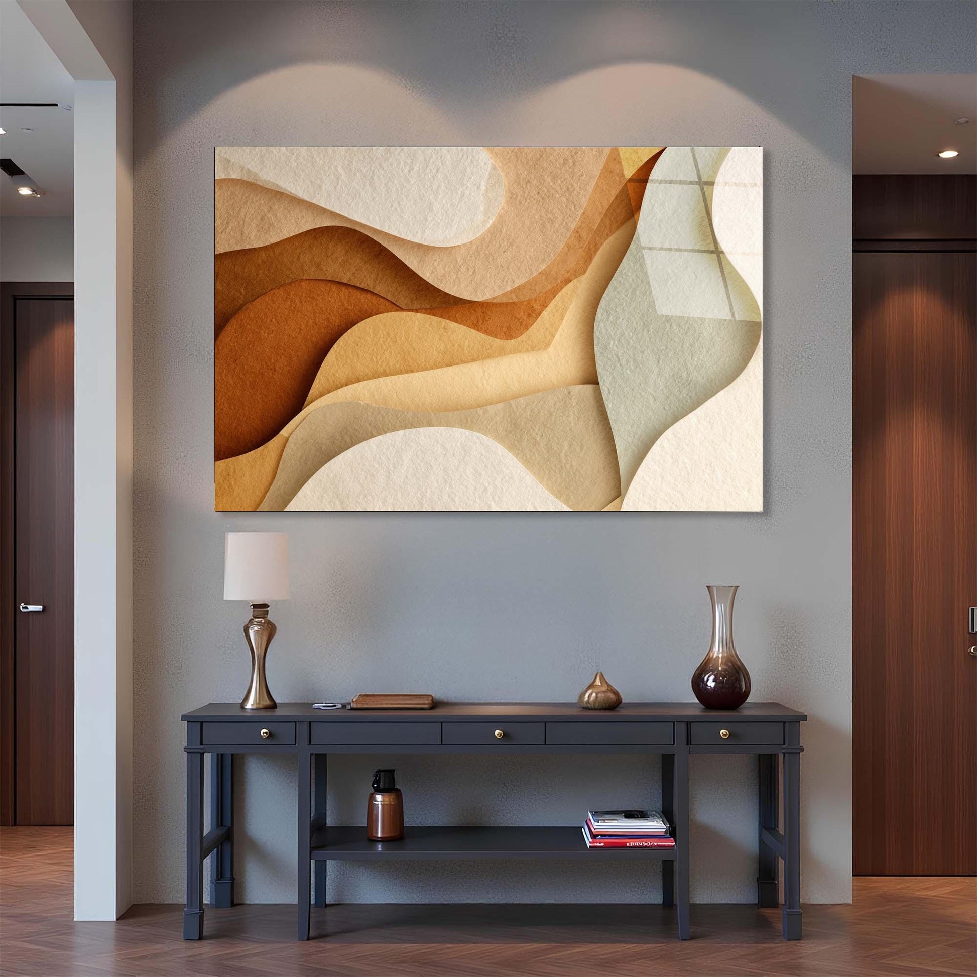 Abstract wall art above a dark wooden console table in a room with gray walls.