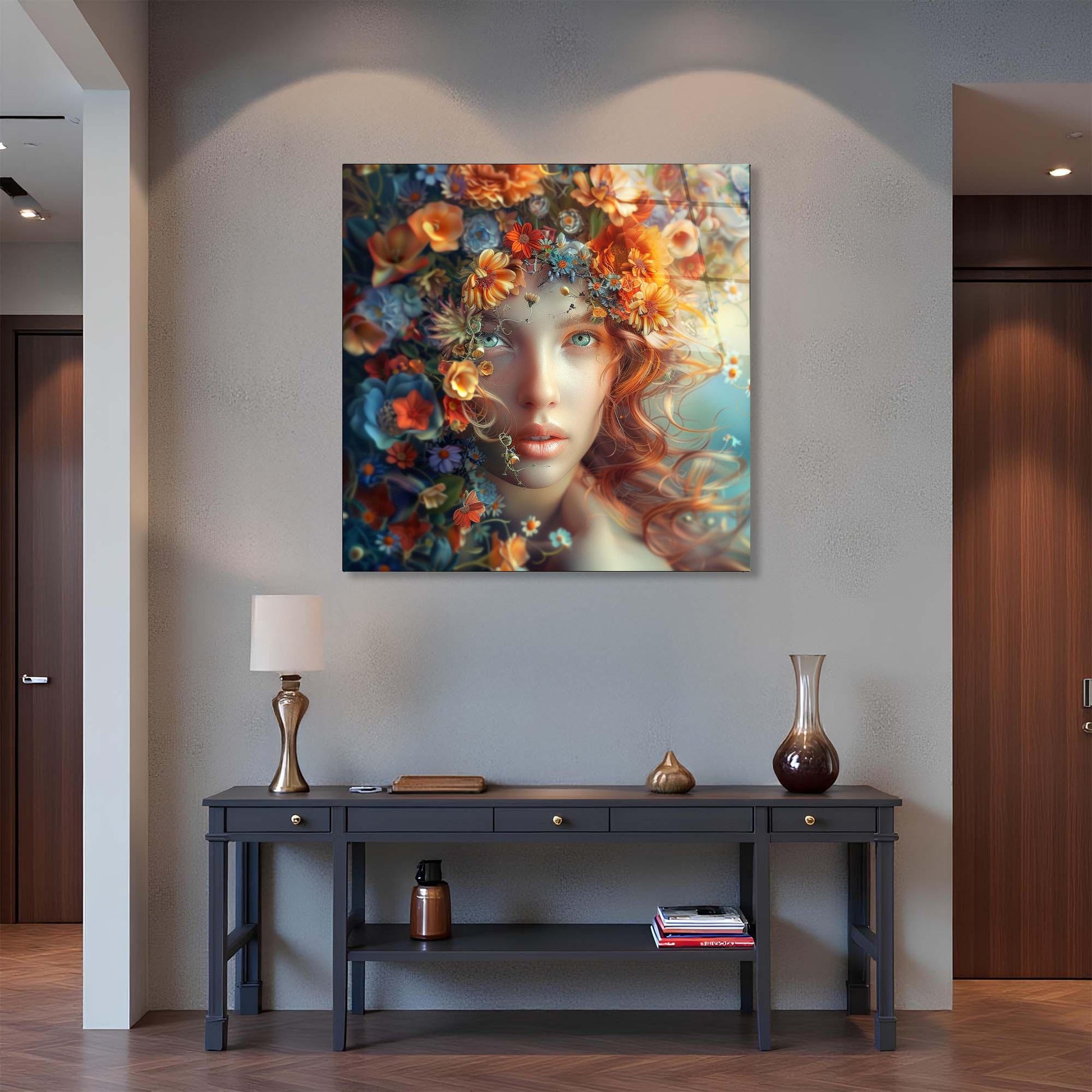 Decorative painting of a woman with flowers on a wall above a console table.