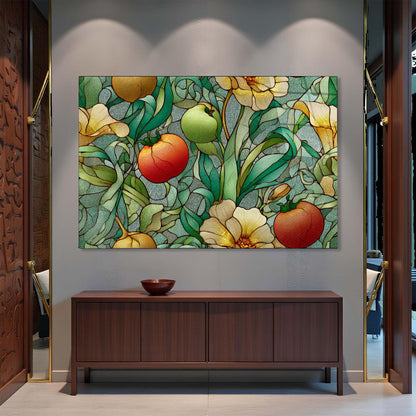 Stained glass artwork of fruits and flowers on a wall above a wooden cabinet.