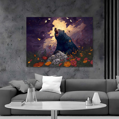 Painting of a bear in a forest scene above a gray sofa in a living room.