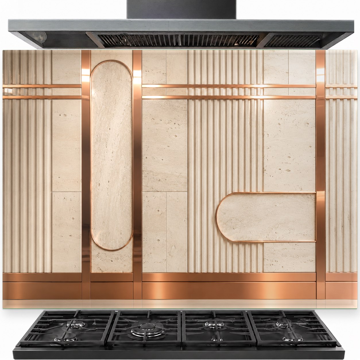 Copper Line tempered glass kitchen backsplash installed behind a modern stove