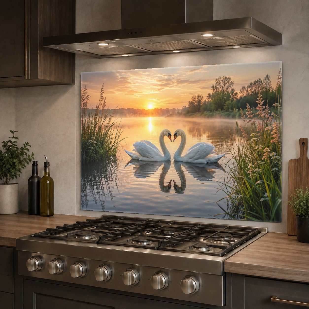 Close-up of the Love Lake glass backsplash panel showing the high-gloss, grout-free surface.