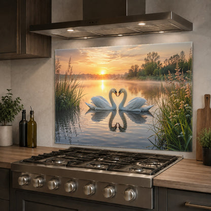 Close-up of the Love Lake glass backsplash panel showing the high-gloss, grout-free surface.