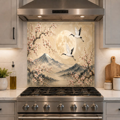 Contemporary kitchen island prep area accented by a stunning Moon Cranes glass backsplash panel.