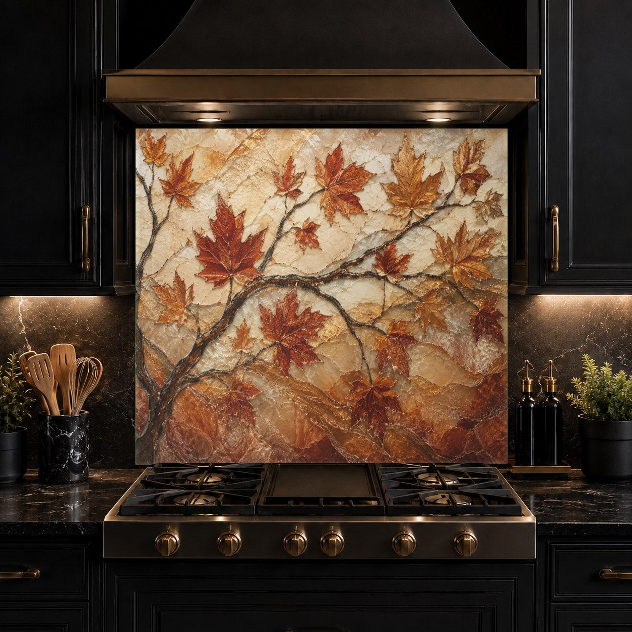Autumn Maple design tempered glass kitchen panel providing a seamless, grout-free backsplash behind a stove.