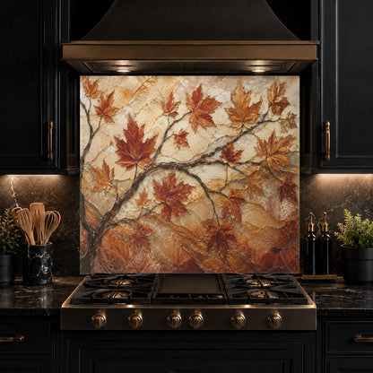 Autumn Maple design tempered glass kitchen panel providing a seamless, grout-free backsplash behind a stove.
