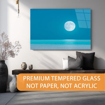 Modern living room with a large wall art piece of a blue sky and moon, text overlay about premium tempered glass.