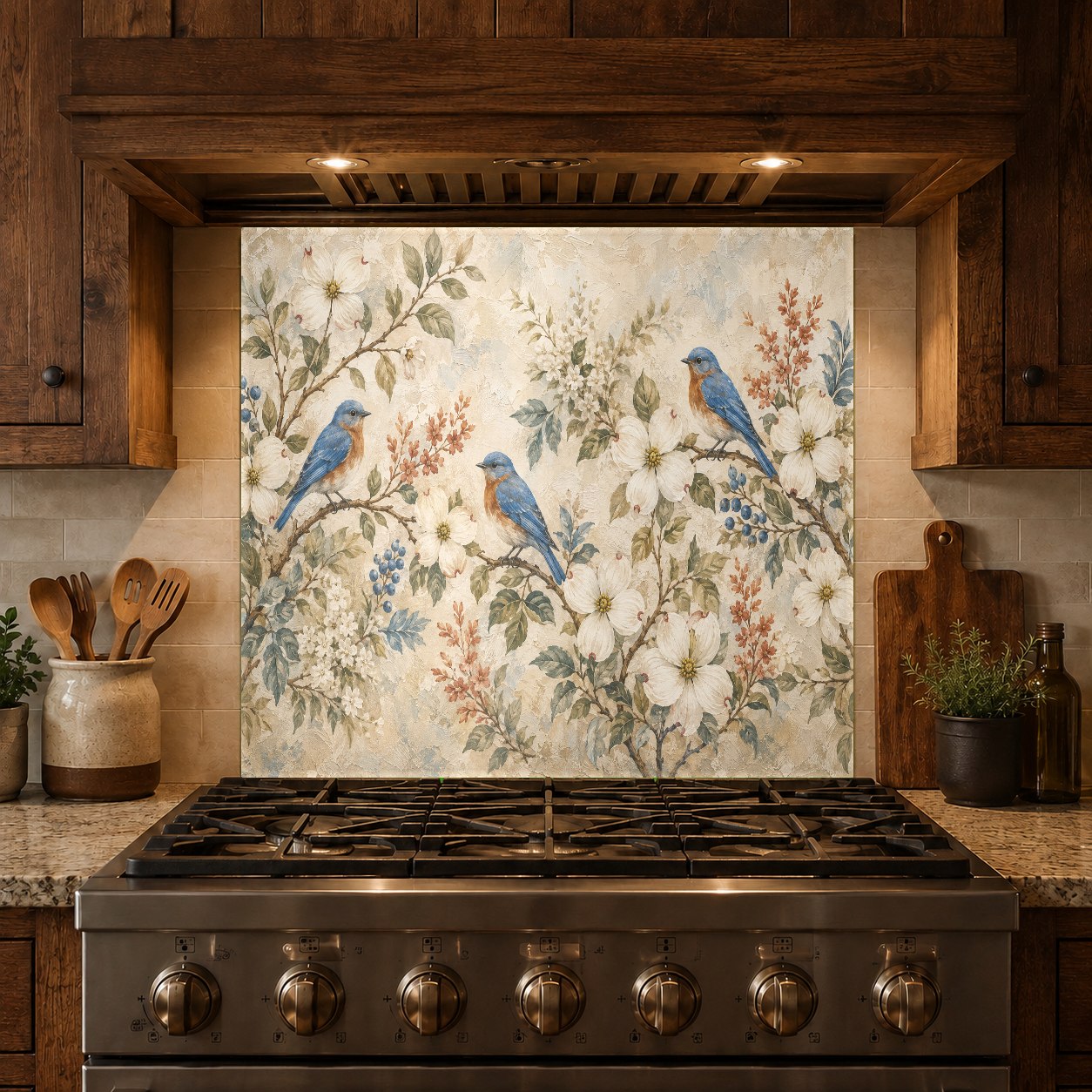 Custom-sized bird family glass backsplash panel installed seamlessly over existing kitchen wall tiles.