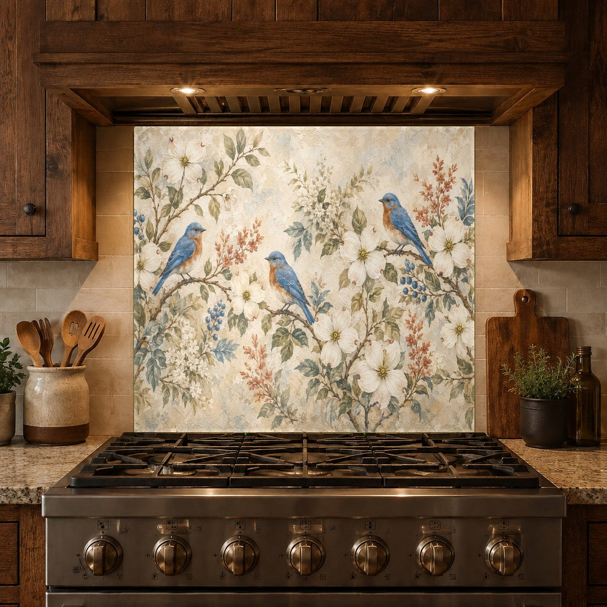 Custom-sized bird family glass backsplash panel installed seamlessly over existing kitchen wall tiles.