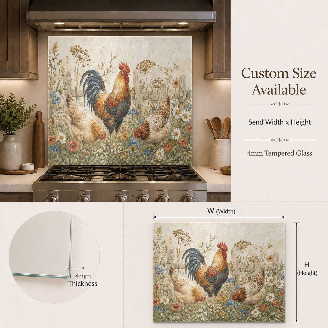 Close-up of a durable tempered glass backsplash with a rustic rooster print behind a professional range.
