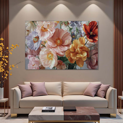 Floral painting above a beige sofa in a living room setting