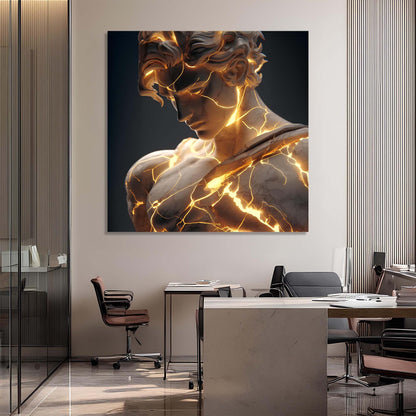 Modern office interior with a large abstract painting of a woman's face on the wall.