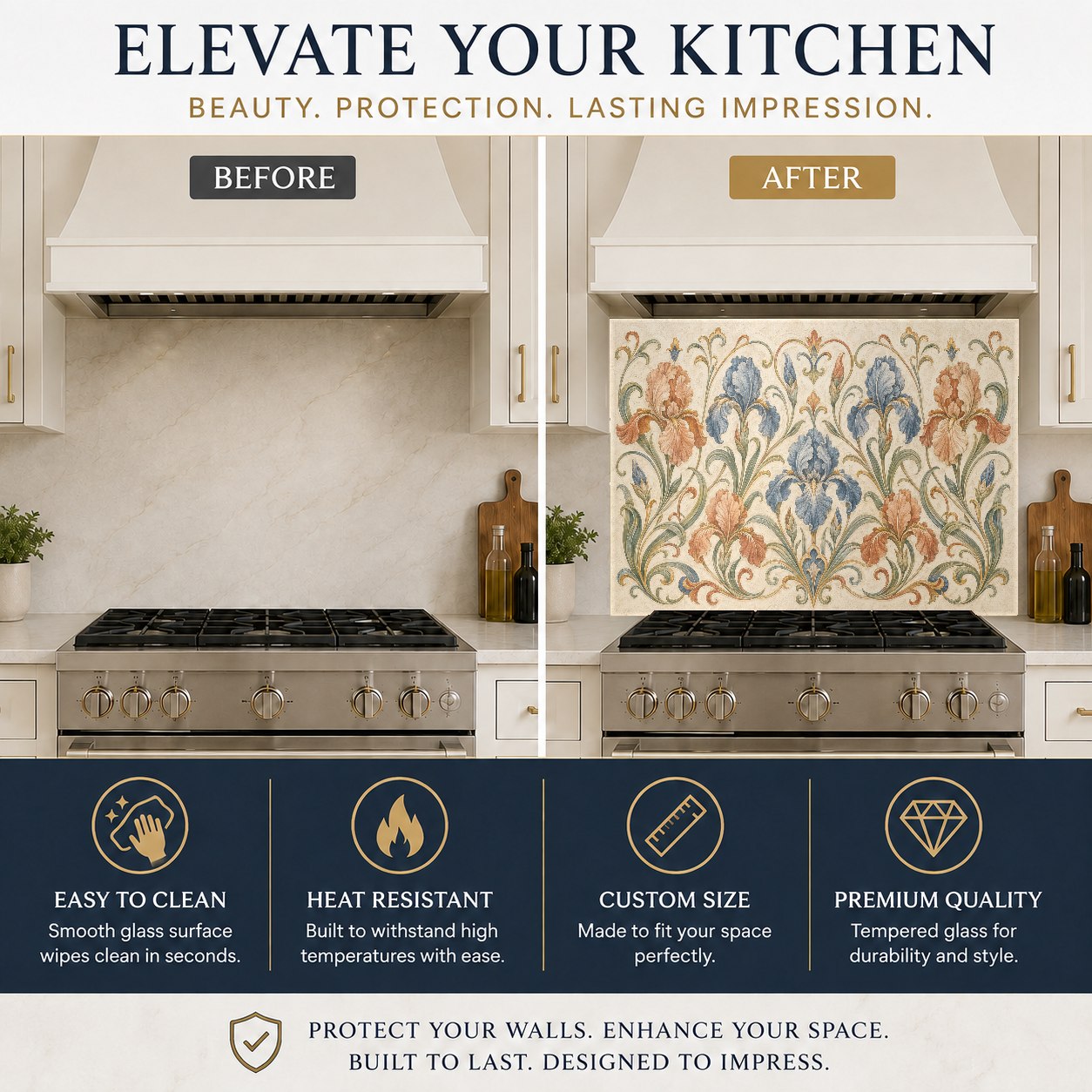 Floral beige glass kitchen backsplash panel mounted behind a farm-style sink to prevent water damage.