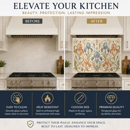 Floral beige glass kitchen backsplash panel mounted behind a farm-style sink to prevent water damage.
