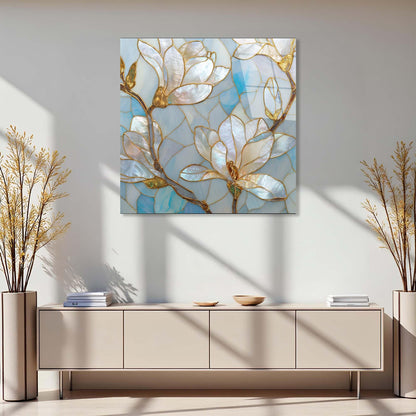 Decorative painting of floral design on a wall above a light-colored cabinet.