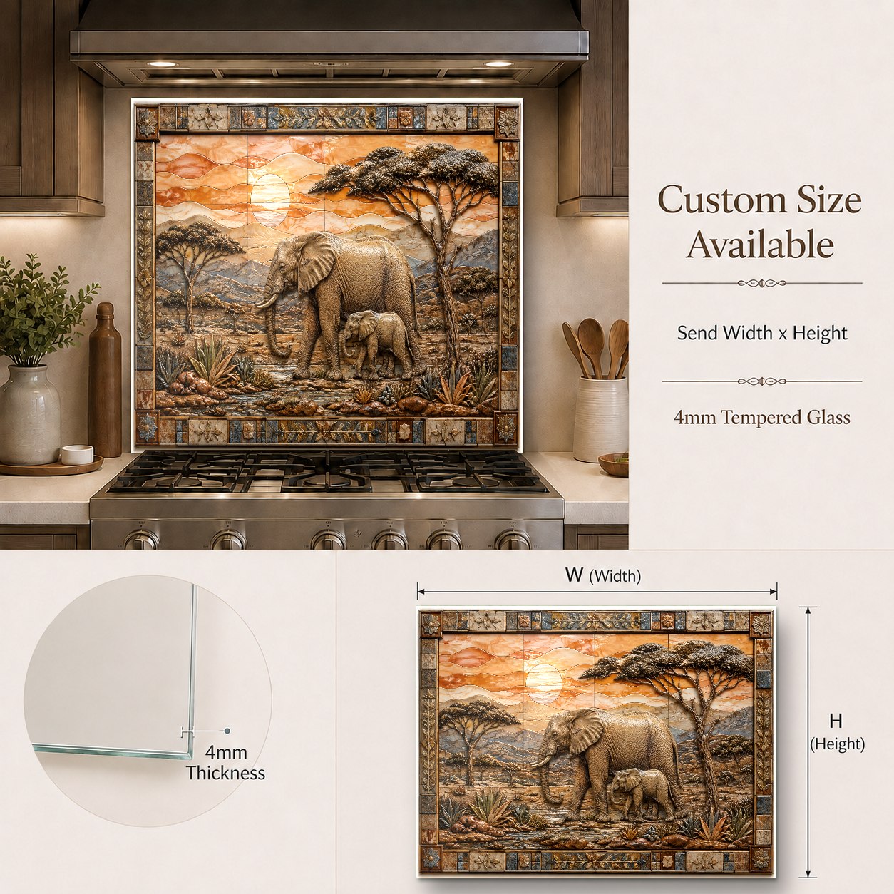 Close-up of elephant family glass kitchen panel showing high-gloss finish