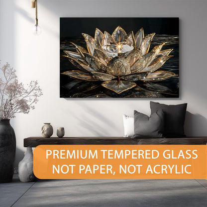 Decorative wall art of a gold lotus flower in a modern living room setting with text about premium tempered glass.
