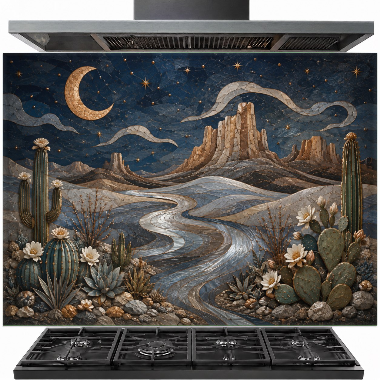 Moon desert tempered glass backsplash panel installed behind a modern gas stove in a warm boho-style kitchen.