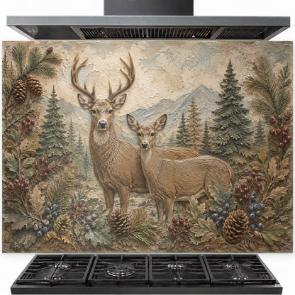 Deer family tempered glass backsplash installed behind a professional gas stove in a rustic cabin kitchen.