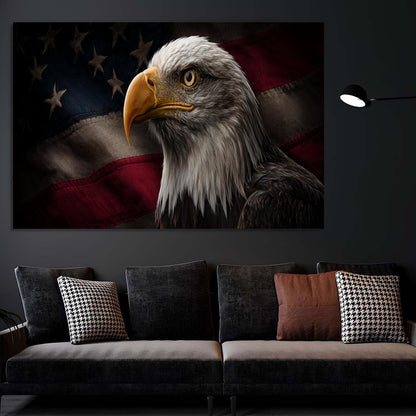 Eagle painting on a wall above a gray sofa with patterned cushions.