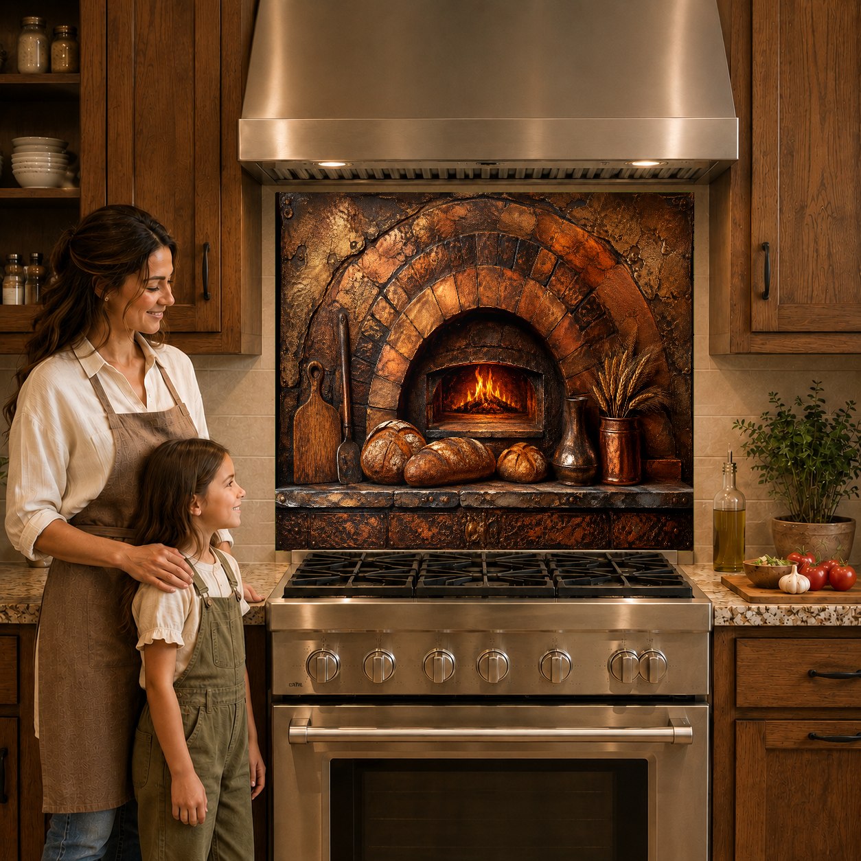 Close-up of a heat-resistant rustic oven glass stove guard behind a professional cooktop.