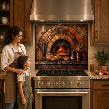 Close-up of a heat-resistant rustic oven glass stove guard behind a professional cooktop.