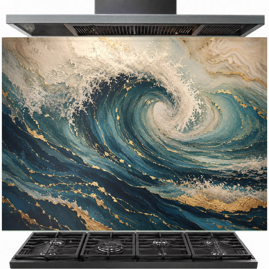 Ocean waves tempered glass backsplash installed behind a modern gas stove in a coastal kitchen.