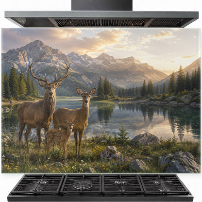 Rustic deer family tempered glass backsplash installed behind a modern gas stove in a cozy cabin kitchen.