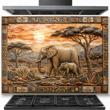 Elephant Family tempered glass backsplash installed behind a modern gas stove