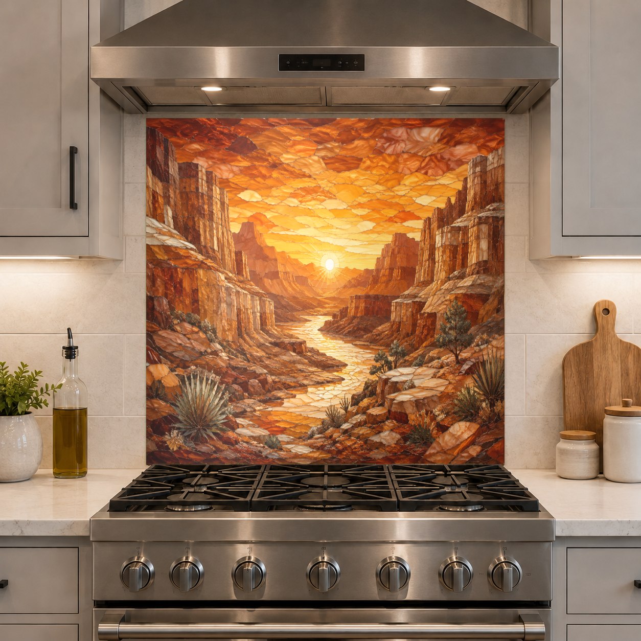 Full kitchen view featuring the Canyon Sunset themed glass backsplash installation