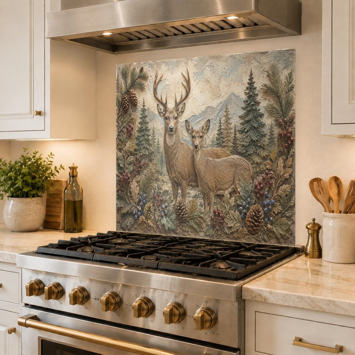 Seamless glass kitchen backsplash with a woodland deer family design installed over a rustic countertop.