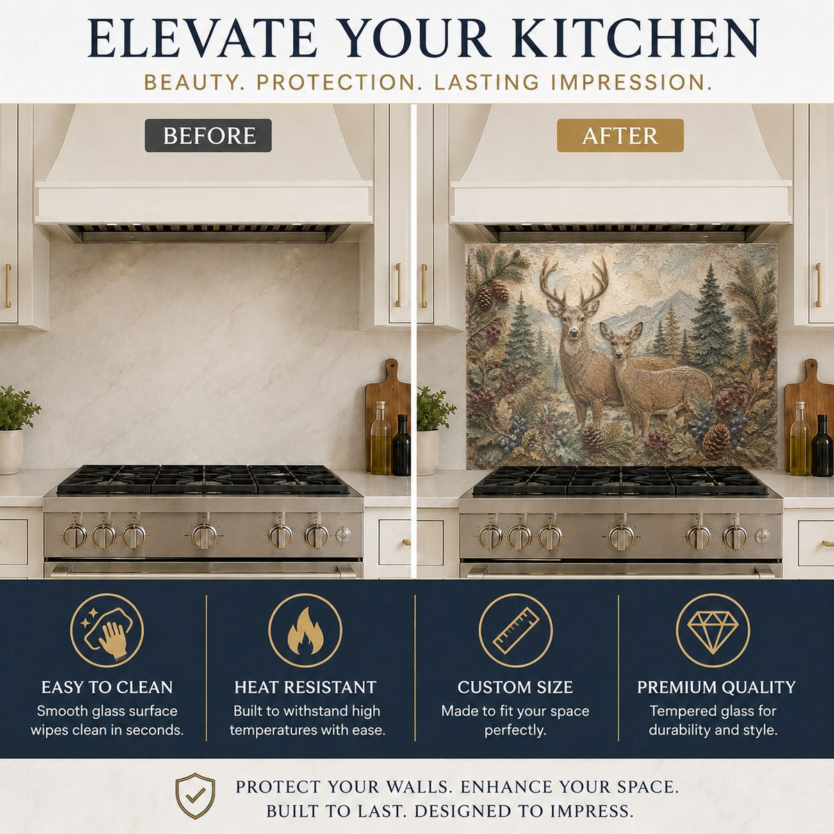 Close-up of a rustic lodge style kitchen backsplash featuring a deer family in a foggy forest clearing.