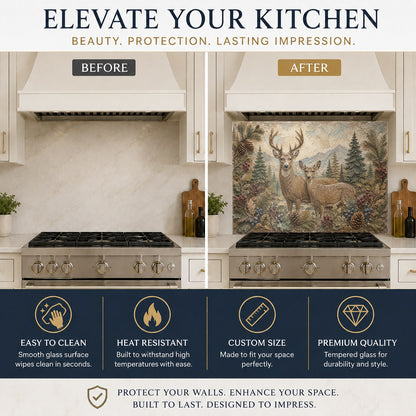 Close-up of a rustic lodge style kitchen backsplash featuring a deer family in a foggy forest clearing.