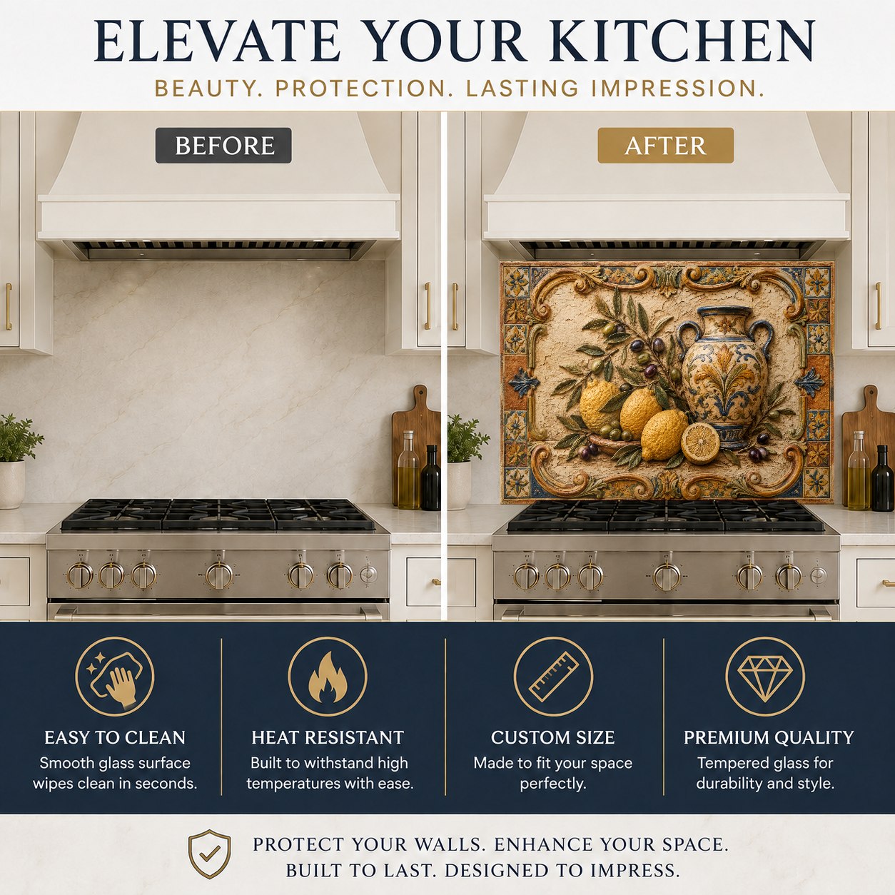 Italian orchard themed tempered glass kitchen backsplash over a white marble island