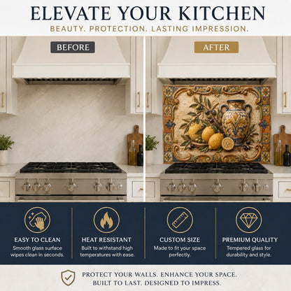 Italian orchard themed tempered glass kitchen backsplash over a white marble island