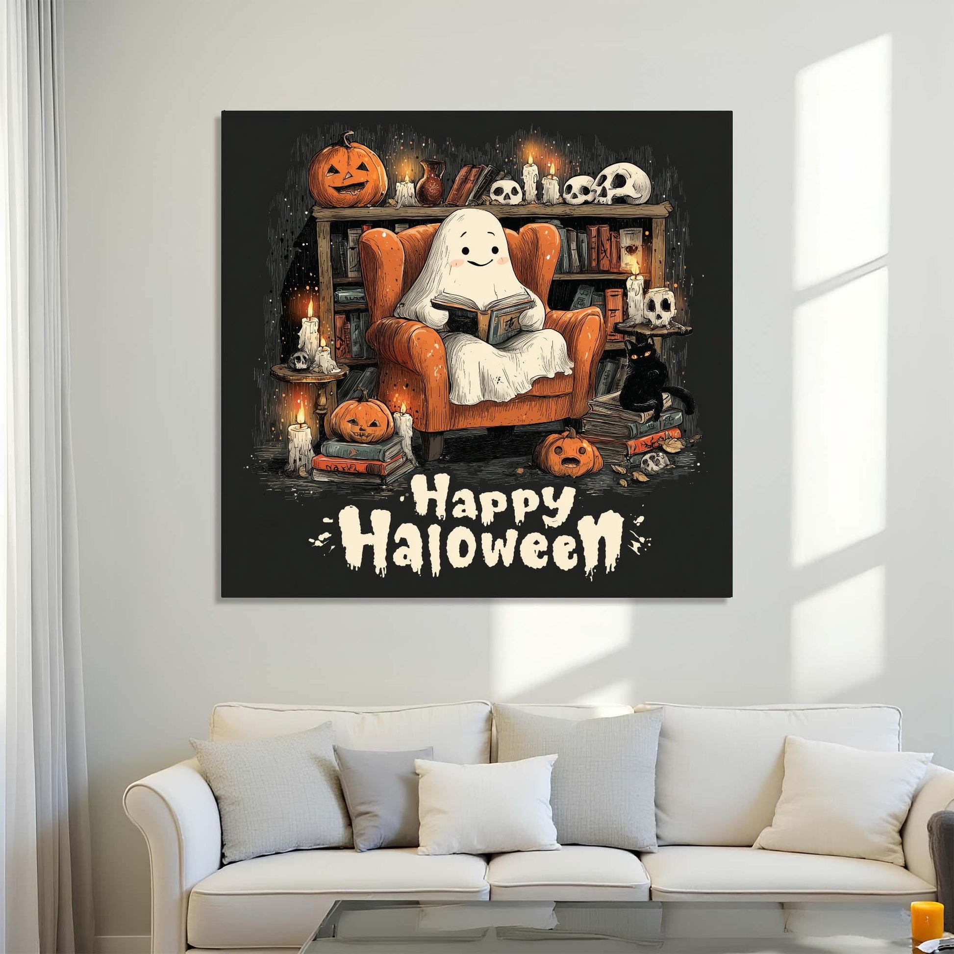 Halloween-themed wall art with a ghost reading a book on a couch.