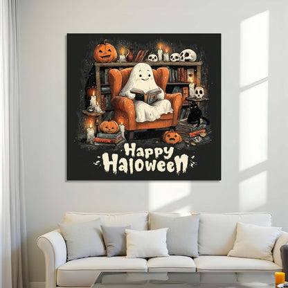 Halloween-themed wall art with a ghost reading a book on a couch.