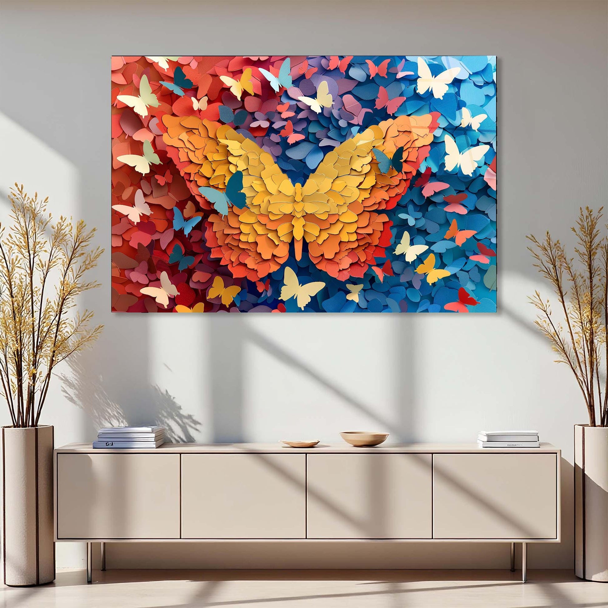Colorful butterfly art piece on a wall above a wooden cabinet.