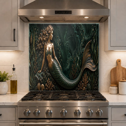Close-up of the seafoam blue mermaid glass backsplash panel protecting the wall behind a sleek induction cooktop.