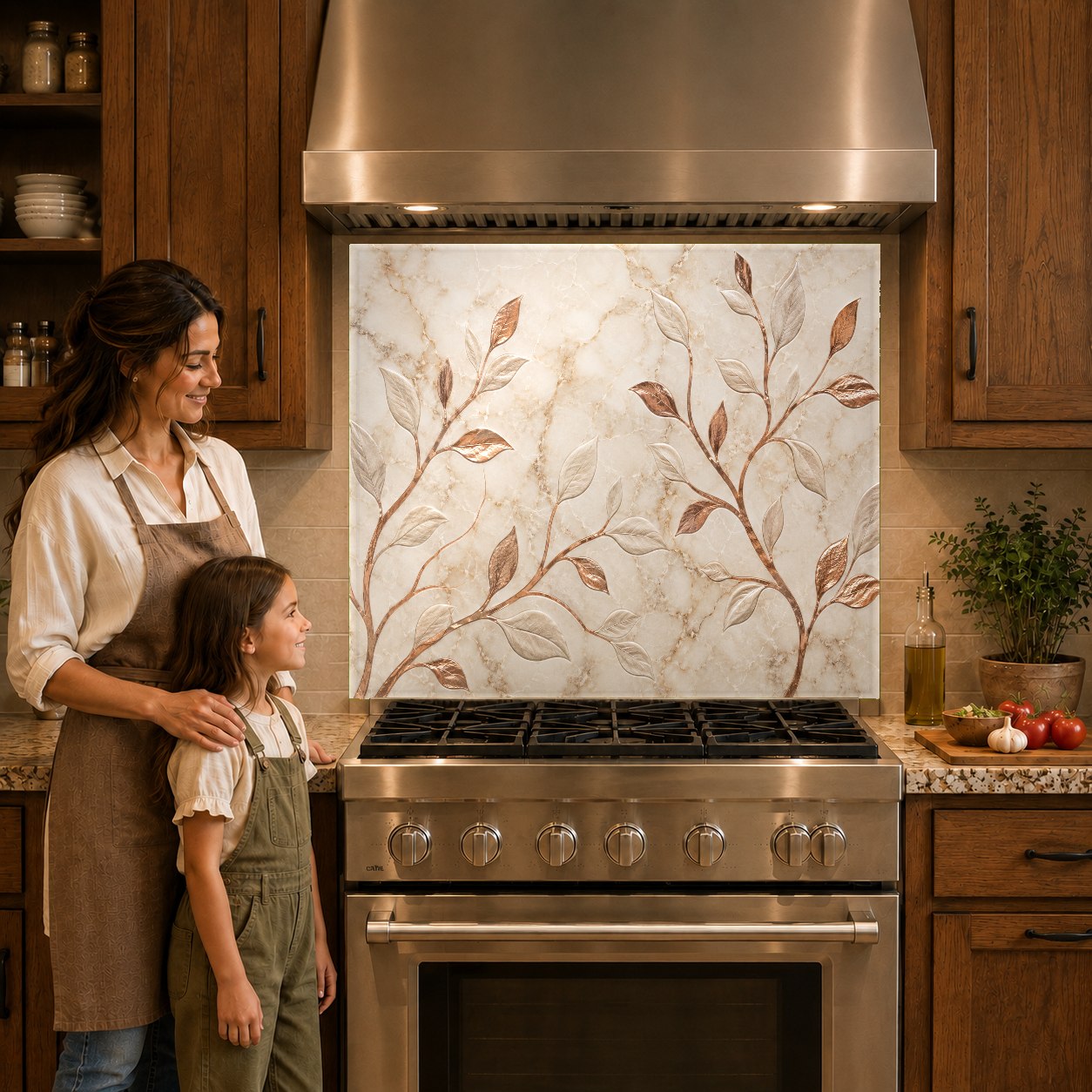 Metallic copper foliage kitchen glass backsplash panel behind a stainless steel cooktop