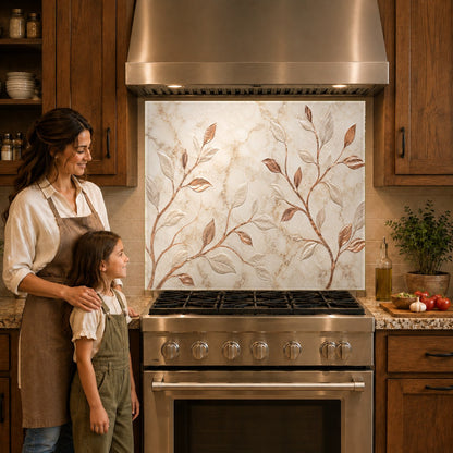 Metallic copper foliage kitchen glass backsplash panel behind a stainless steel cooktop