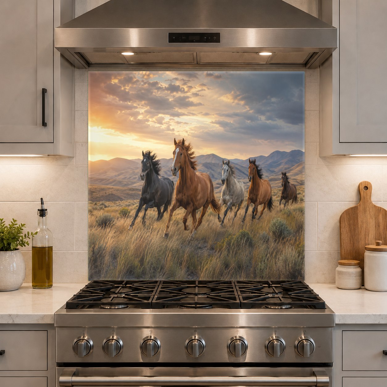 Heat-resistant horse glass backsplash panel fitted perfectly behind a kitchen stove.