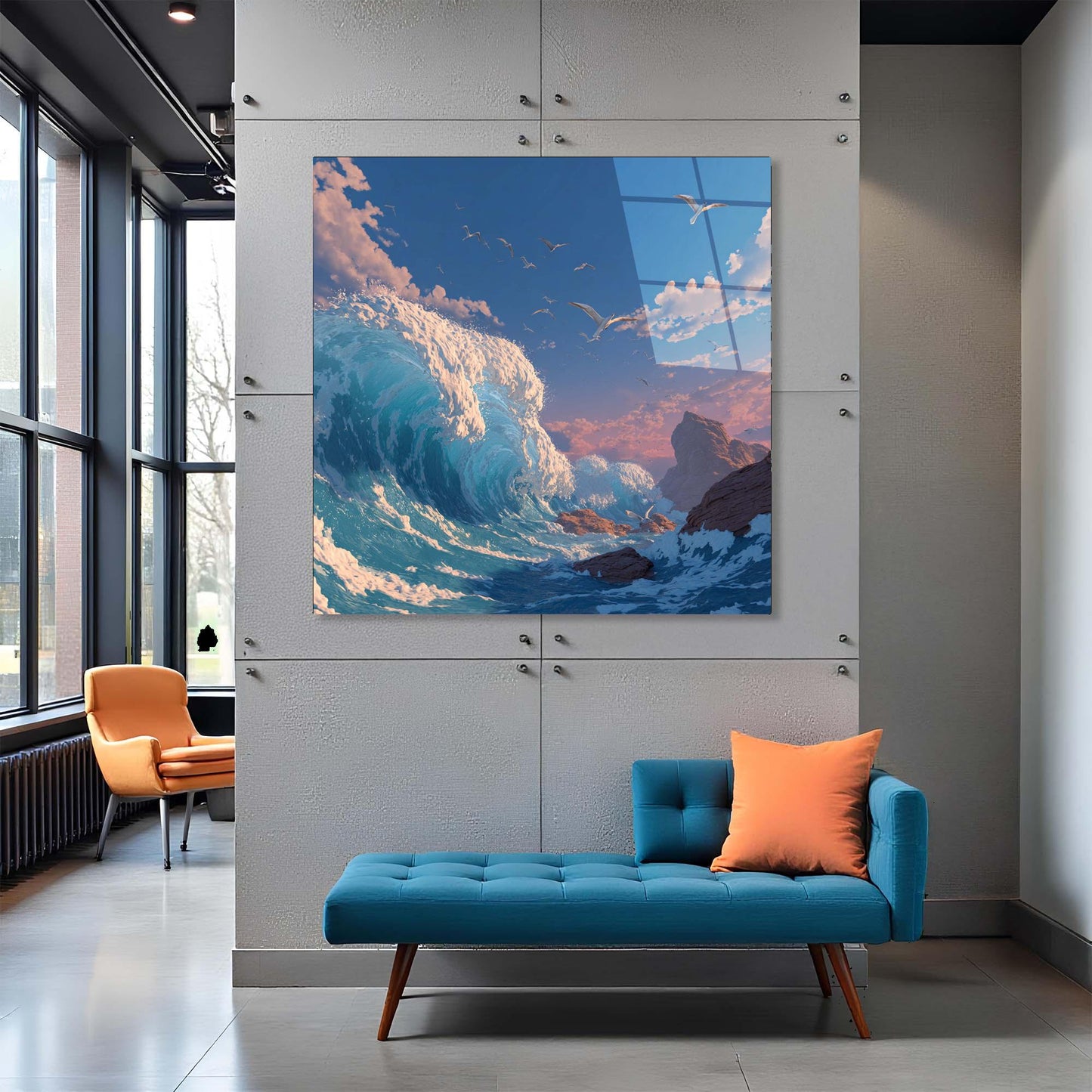 Modern interior with a large ocean wave painting on the wall, blue sofa, and orange chair.