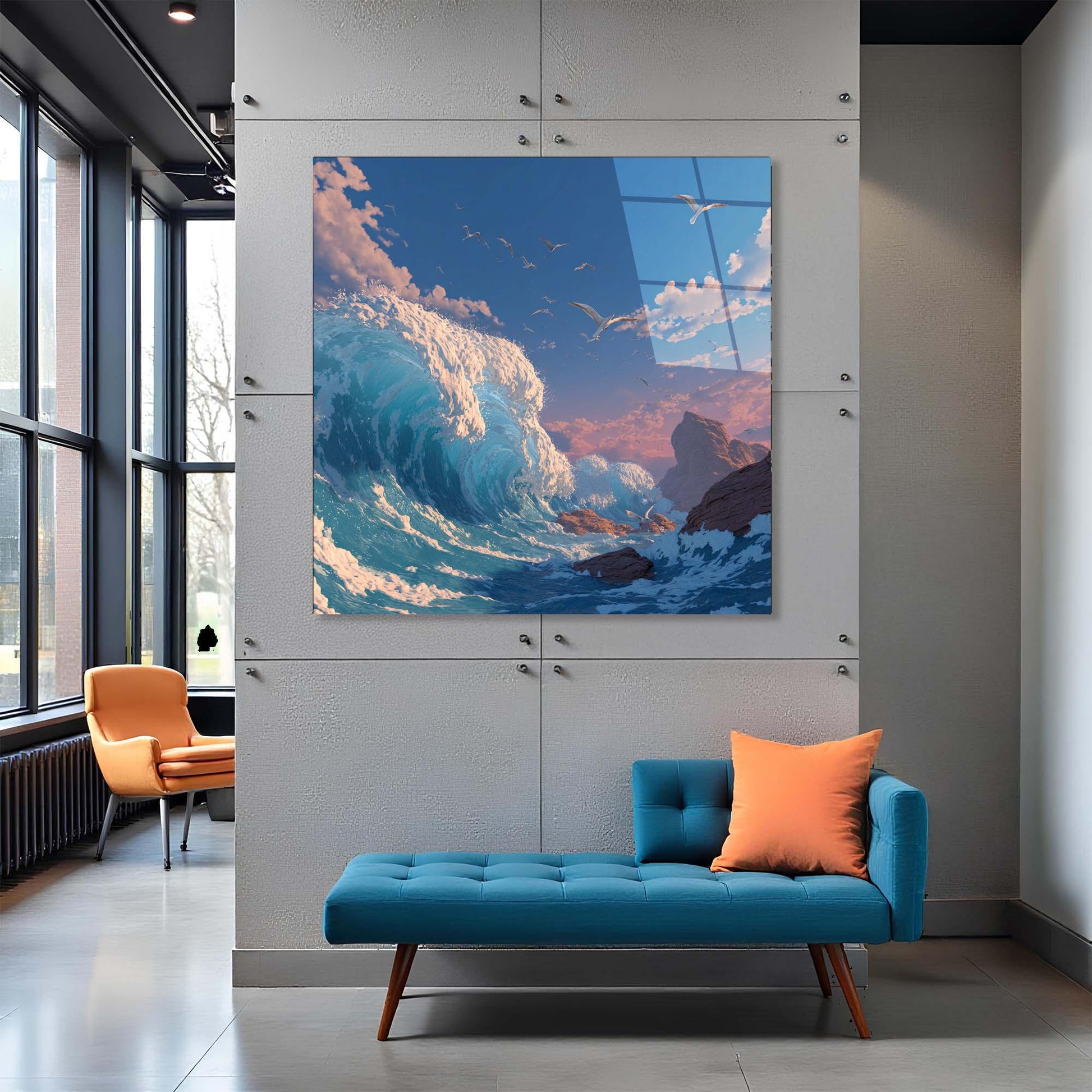 Modern interior with a large ocean wave painting on the wall, blue sofa, and orange chair.