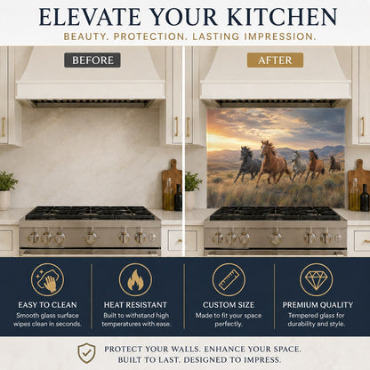 Elegant equestrian glass backsplash panel illuminating a cozy country kitchen cooking area.