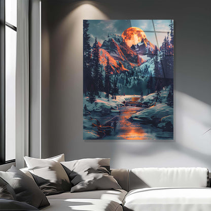 Framed artwork of a mountain landscape with a river and people on a snowy day, hanging above a sofa in a living room.