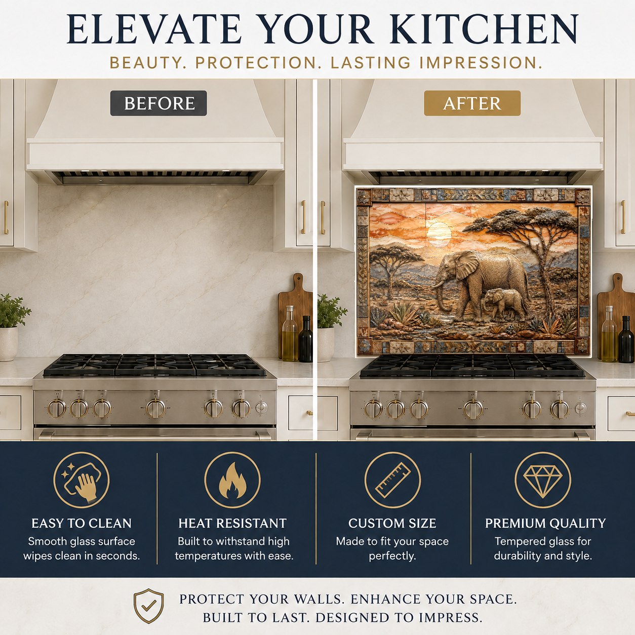 Elephant family glass backsplash behind an electric cooktop in a luxury kitchen