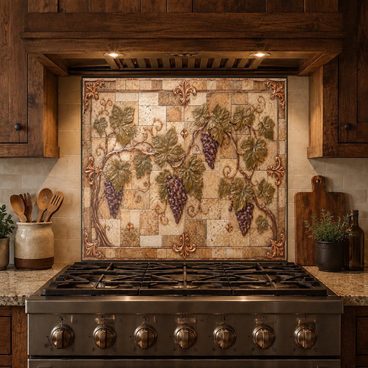 Warm copper and bronze grape pattern glass kitchen panel mounted behind a sink in a modern farmhouse kitchen.