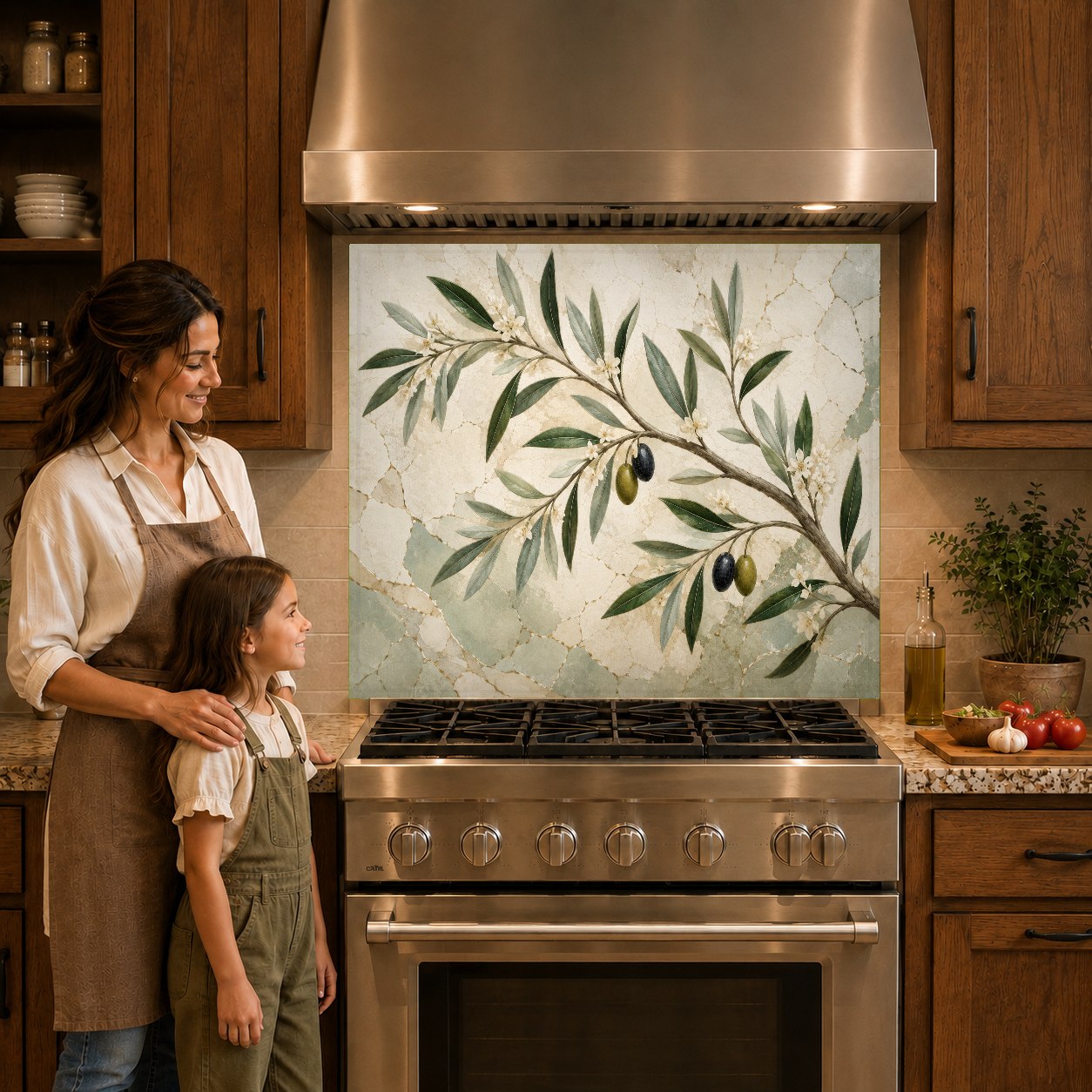 Sage green olive branch kitchen glass backsplash mounted on the wall behind an induction cooktop.